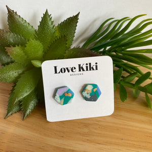 Hexagon green blue and gold  Clay Stud Earrings