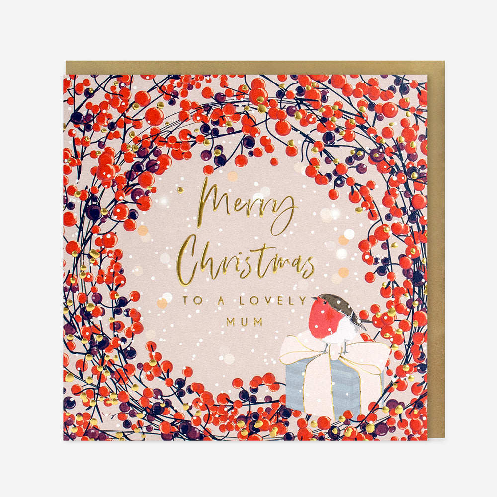 Luxury Christmas card - Lovely Mum berry wreath robin