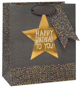 Gift Bag medium gold star happy birthday grey