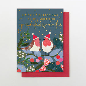 Christmas Card- grandparents robins in foliage