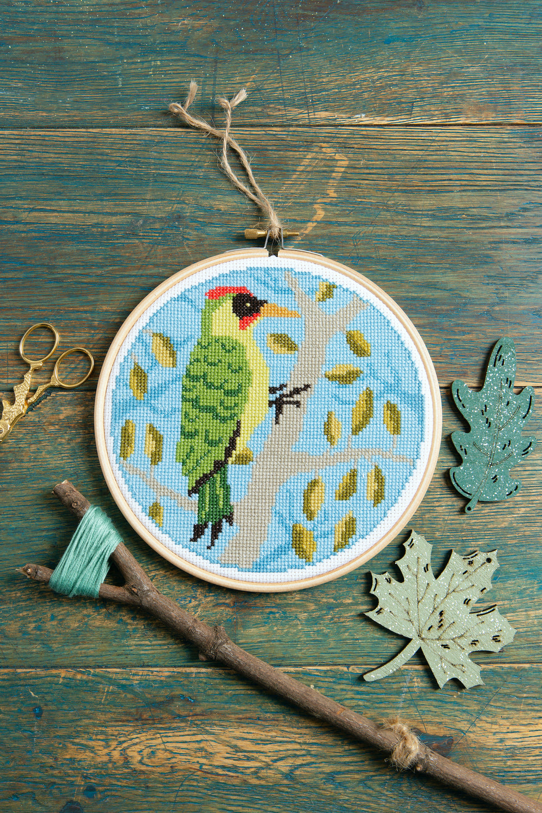Green woodpecker cross stitch kit