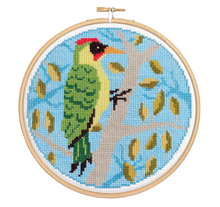 Load image into Gallery viewer, Green woodpecker cross stitch kit
