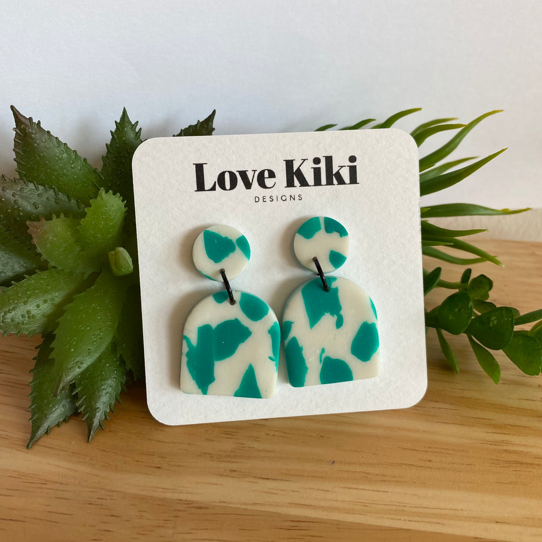 Statement Clay Drop Earrings - jade green and white