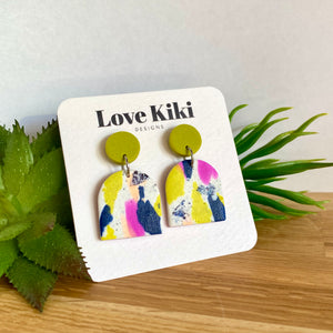 Statement Clay Drop Earrings - purple, lime and navy