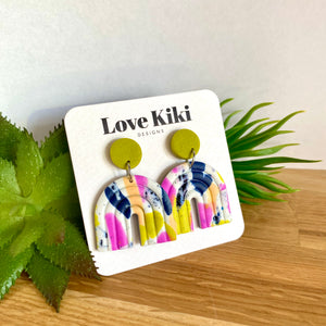 Statement Clay Drop Earrings - purple, lime and navy abstract arch