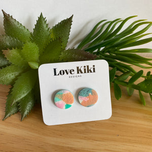 Medium round pink and green Clay Stud Earrings