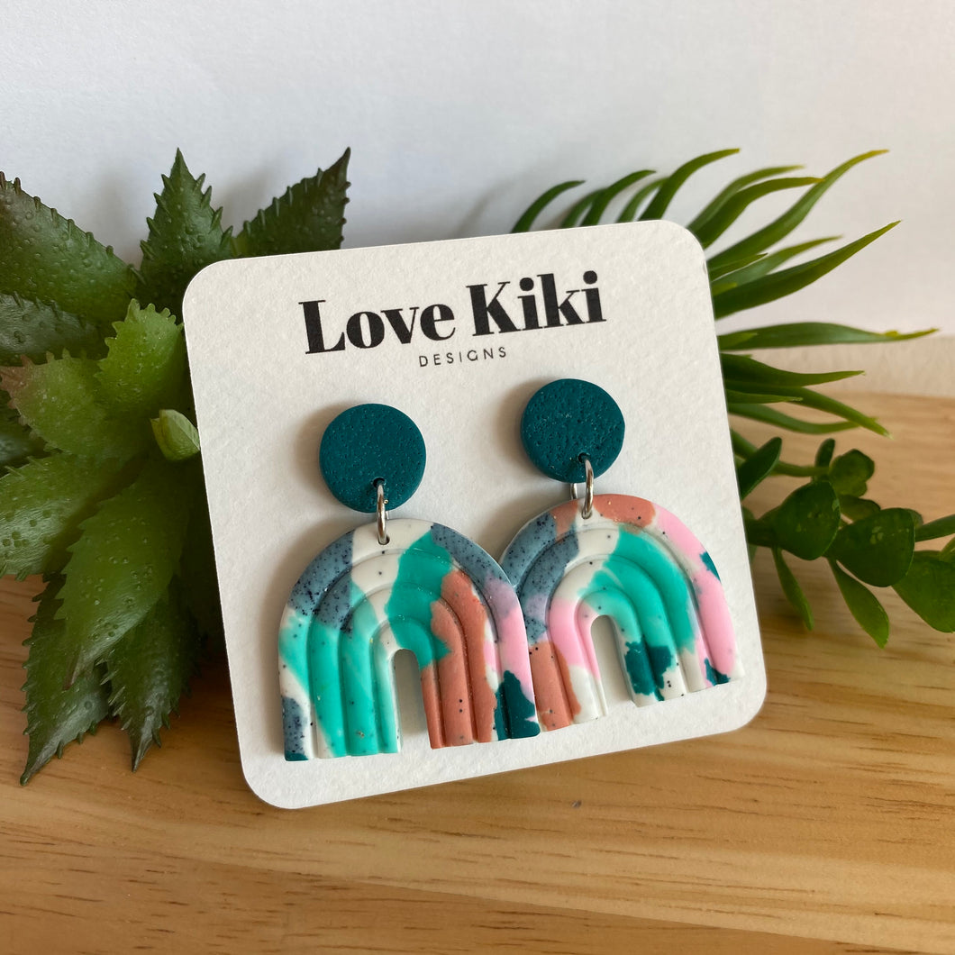 Statement Clay Drop Earrings - green and pink abstract arch