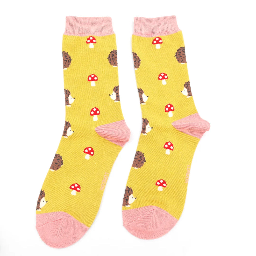 Hedgehogs and Toadstools ladies bamboo socks yellow