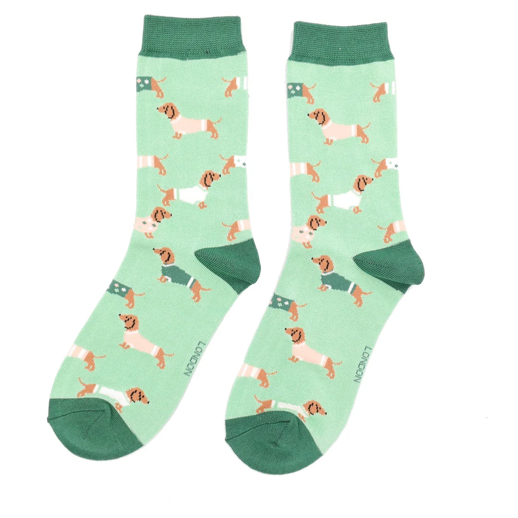 Sausage dogs in Coats ladies bamboo socks mint