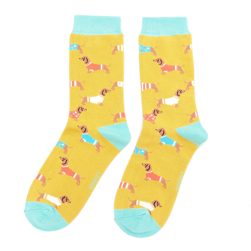 Sausage dogs in Coats ladies bamboo socks yellow
