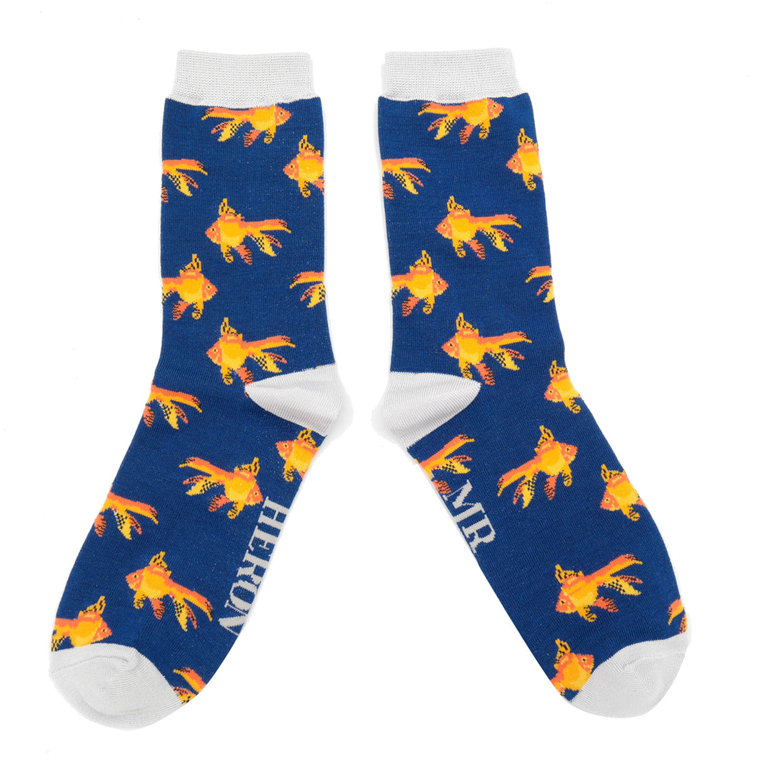 Mr Heron mens bamboo socks Goldfish navy
