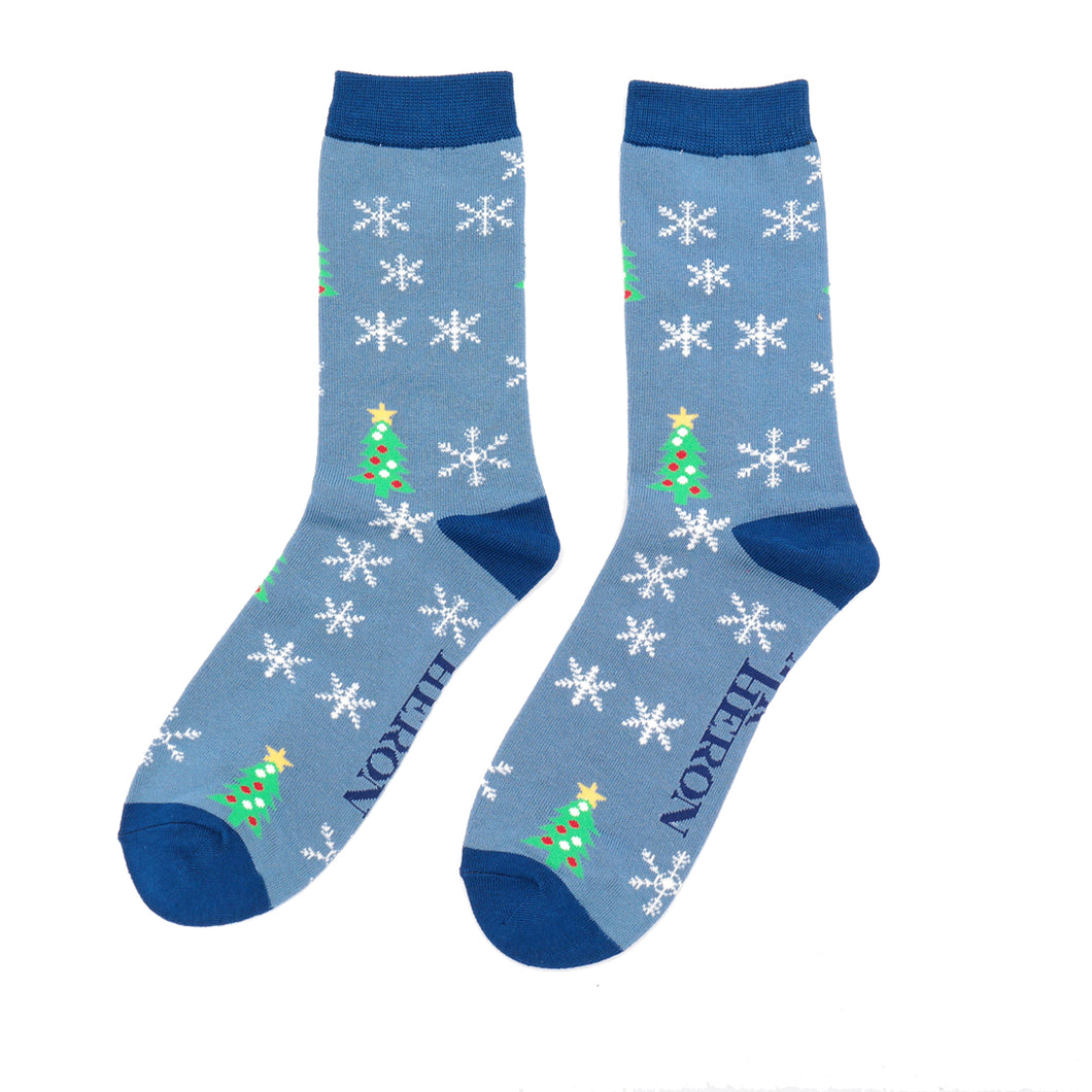 Mr Heron Christmas trees and snowflakes mens socks blue