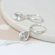 Load image into Gallery viewer, Sterling silver hoop earrings with CZ teardrop crystals
