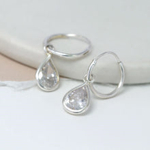 Load image into Gallery viewer, Sterling silver hoop earrings with CZ teardrop crystals
