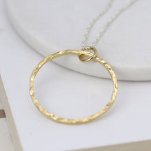 Load image into Gallery viewer, Gold hammered circle pendant on silver chain
