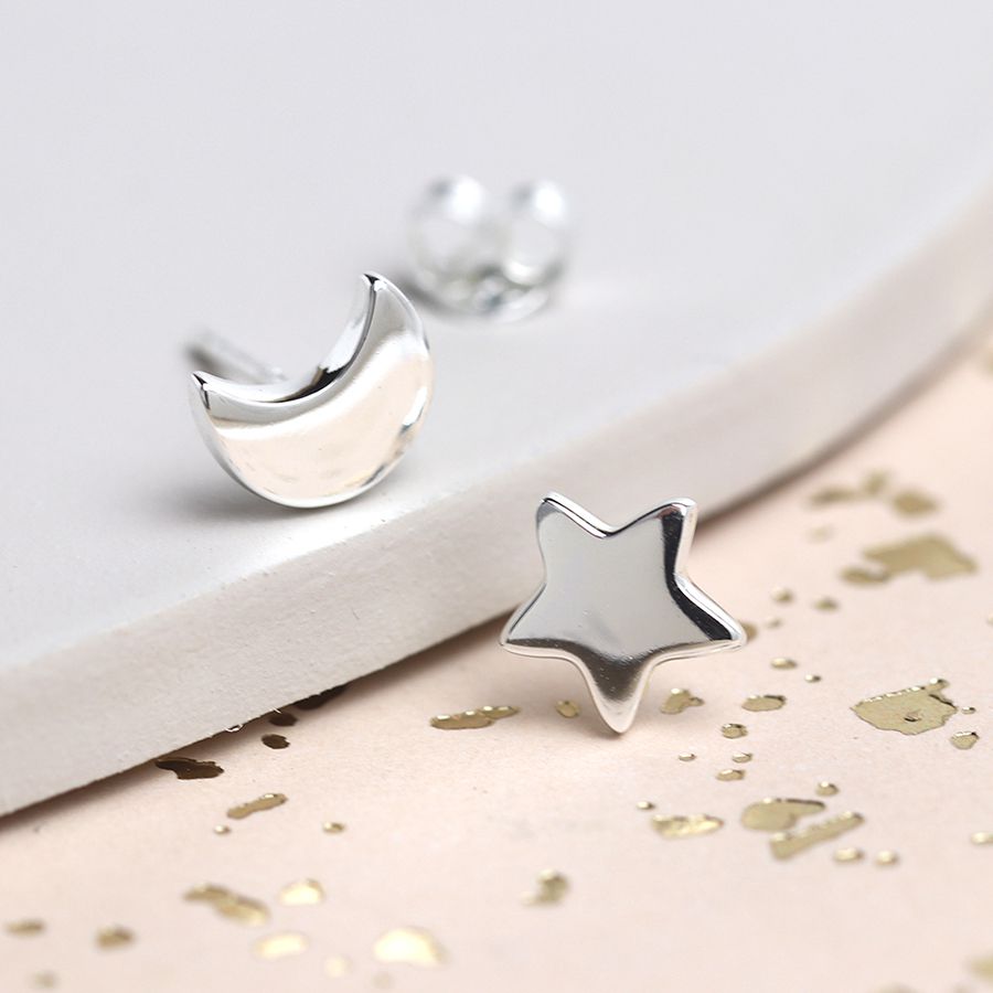 Sterling silver moon and star mismatched stud earrings