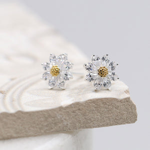 Flower Studs - sterling silver with CZ and gold plated centre