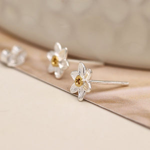 Sterling silver daffodil flower stud earrings with gold centres