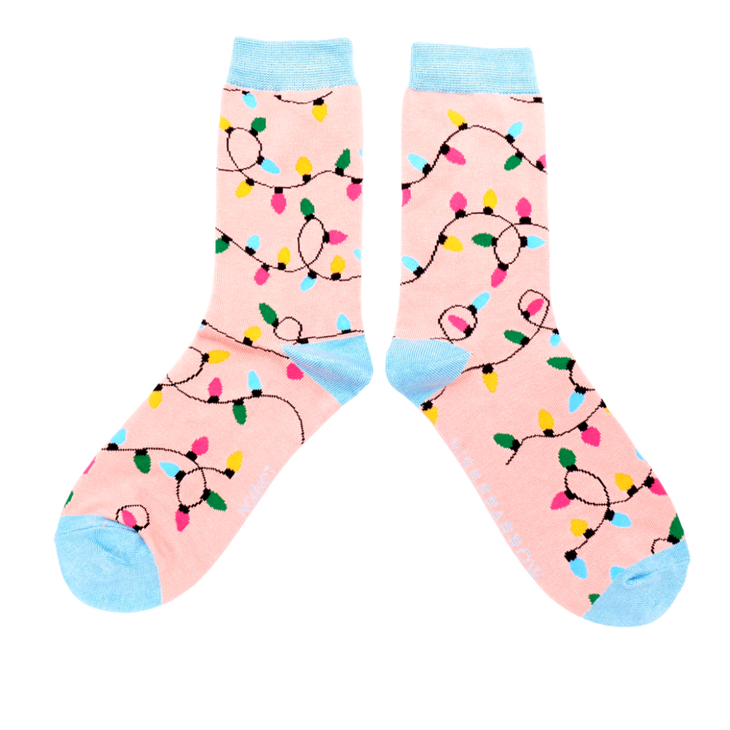 Christmas fairy lights ladies socks dusky pink