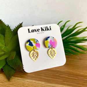 Medium Clay Drop Earrings - purple, lime, and navy with brass leaf