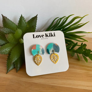 Medium Clay Drop Earrings - pink and green with brass leaf