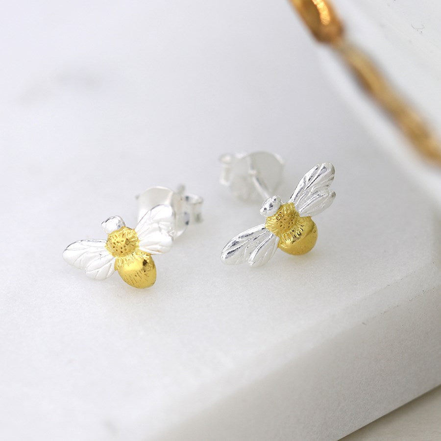 Silver and gold bee stud earrings