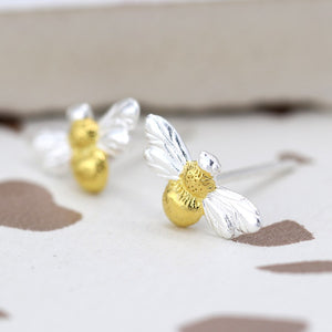 Silver and gold bee stud earrings
