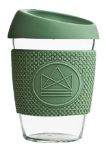 Load image into Gallery viewer, Reusable Glass Cup 12oz Happy Camper Green
