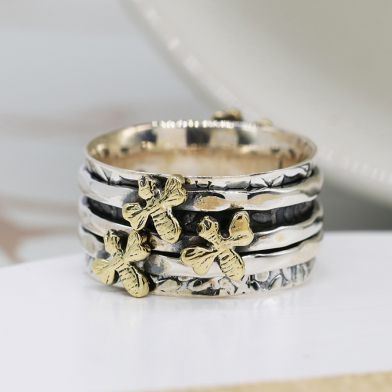 Sterling silver spinning ring with tiny bees