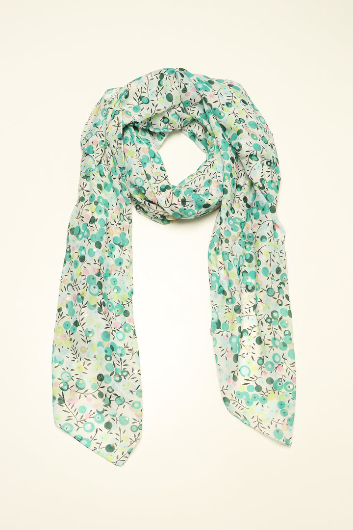 Green Ditsy Floral Print Scarf With Metallic Spots