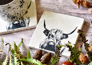 Highland cow natural marble stone coaster