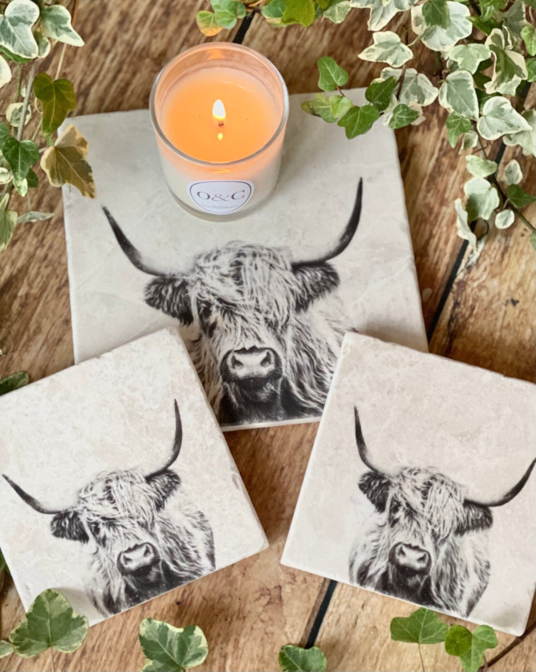 Highland cow natural marble stone platter