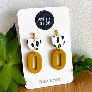 Statement Clay Drop Earrings - mustard and monochrome