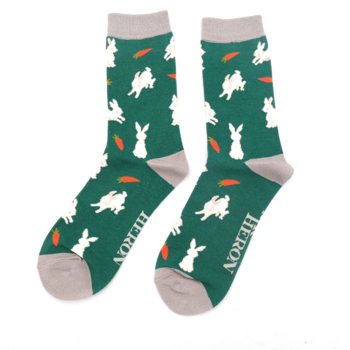 Mr Heron bunnies and carrots mens socks green