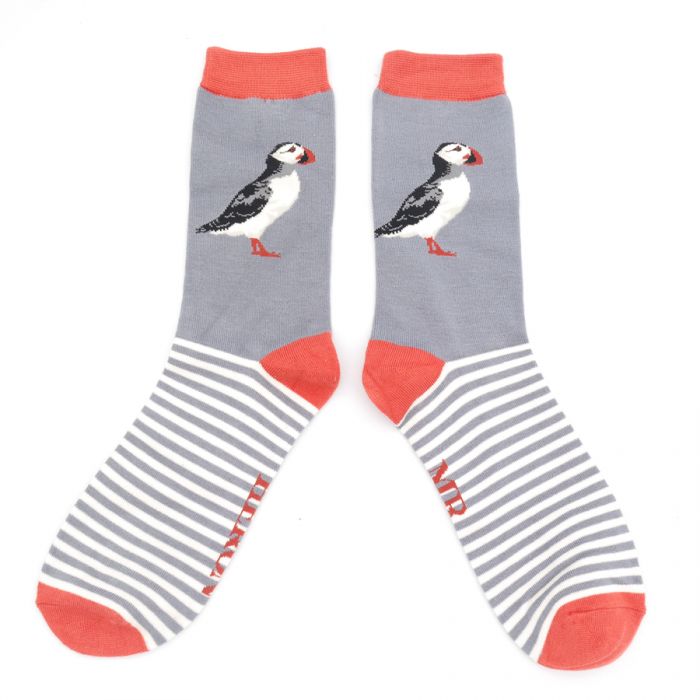 Mr Heron Puffin Stripe mens socks grey orange