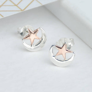 Silver Moon and rose gold star stud earrings