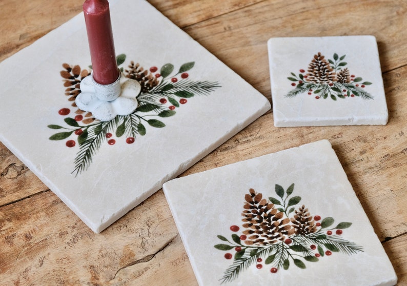 Christmas pine cone natural marble stone coaster