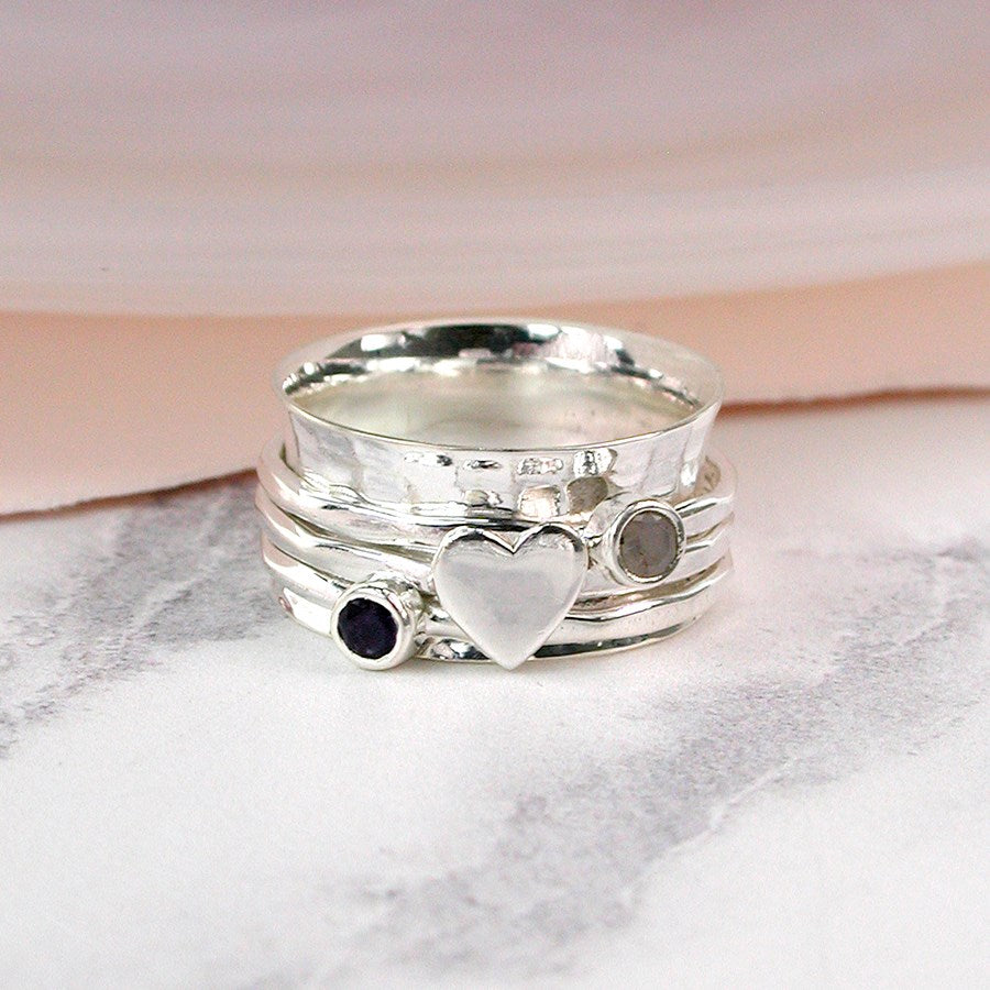 Sterling silver, gemstone and silver heart spinning ring