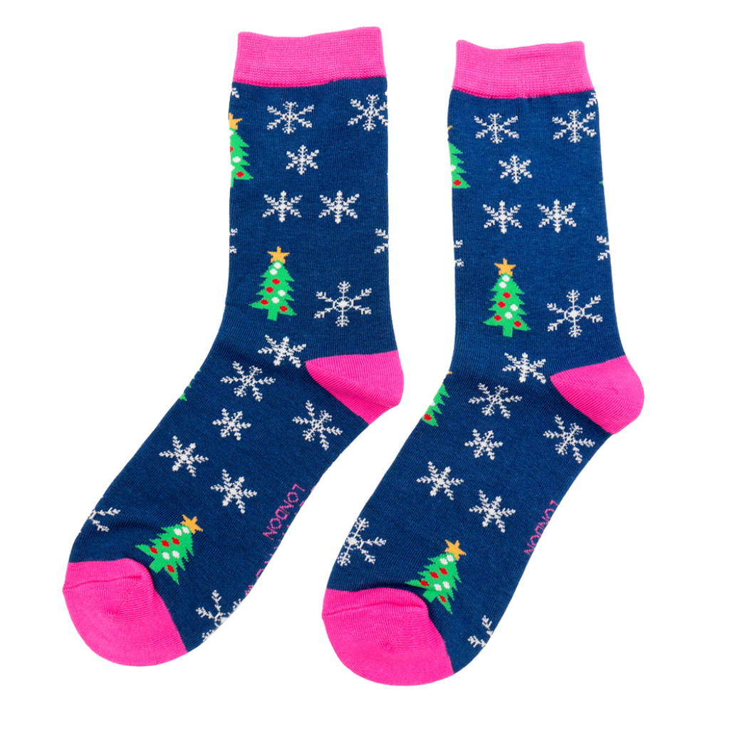 Christmas trees and snowflakes ladies socks navy
