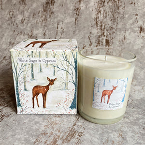 White Sage & Cypress 20cl candle - illustrated winter fawn